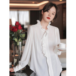 法式復古黑色荷葉邊襯衫女春新款高級設計感小衆時尚洋氣別致襯衣