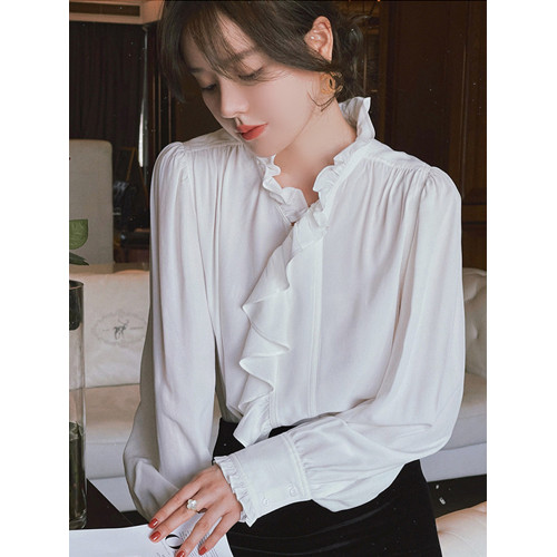 法式復古黑色荷葉邊襯衫女春新款高級設計感小衆時尚洋氣別致襯衣