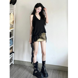 泰式海邊掛脖背心女2024新款夏季荷葉邊飄帶修身多巴胺不規則上衣