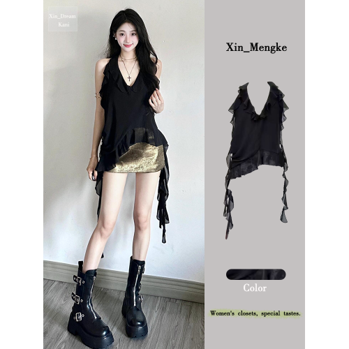 泰式海邊掛脖背心女2024新款夏季荷葉邊飄帶修身多巴胺不規則上衣