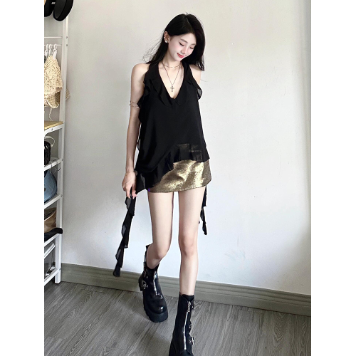 泰式海邊掛脖背心女2024新款夏季荷葉邊飄帶修身多巴胺不規則上衣