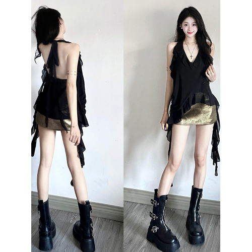 泰式海邊掛脖背心女2024新款夏季荷葉邊飄帶修身多巴胺不規則上衣