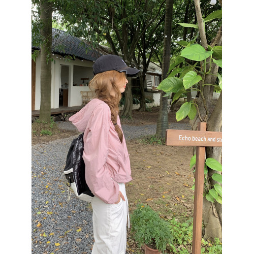 美式抽繩連帽工裝長袖沖鋒衣外套女夏季寬鬆休閒薄款透氣防曬上衣