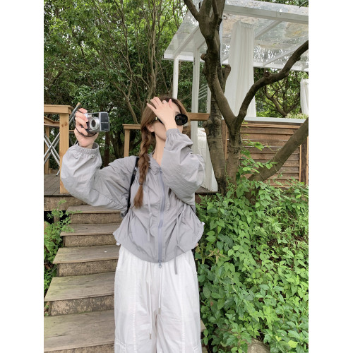 美式抽繩連帽工裝長袖沖鋒衣外套女夏季寬鬆休閒薄款透氣防曬上衣