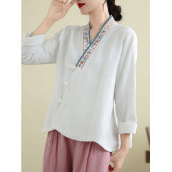 風復古刺綉棉麻V領襯衫女春秋改良漢服斜襟盤釦禪意長袖上衣