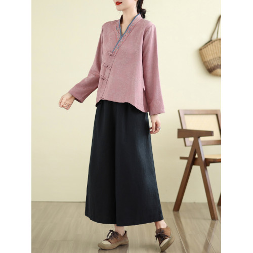 風復古刺綉棉麻V領襯衫女春秋改良漢服斜襟盤釦禪意長袖上衣