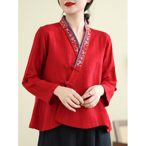 風復古刺綉棉麻V領襯衫女春秋改良漢服斜襟盤釦禪意長袖上衣