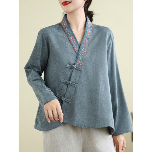 風復古刺綉棉麻V領襯衫女春秋改良漢服斜襟盤釦禪意長袖上衣