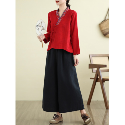 風復古刺綉棉麻V領襯衫女春秋改良漢服斜襟盤釦禪意長袖上衣