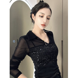 歐貨POLO領微透網紗拼接長袖T恤女2025夏季新款修身顯瘦百搭上衣