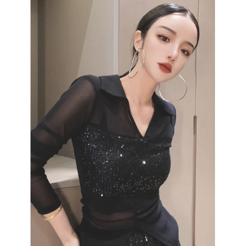 歐貨POLO領微透網紗拼接長袖T恤女2025夏季新款修身顯瘦百搭上衣