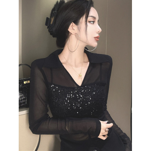 歐貨POLO領微透網紗拼接長袖T恤女2025夏季新款修身顯瘦百搭上衣