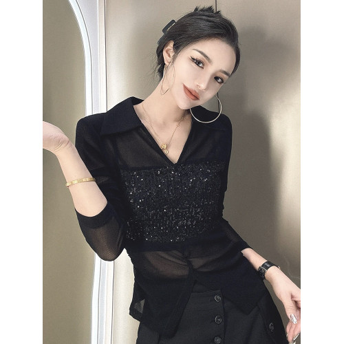 歐貨POLO領微透網紗拼接長袖T恤女2025夏季新款修身顯瘦百搭上衣