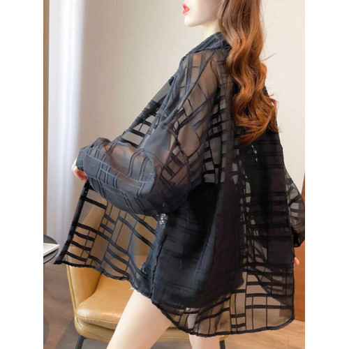 性感防曬襯衫女夏季薄款歐貨時尚洋氣微透開衫寬鬆中長款冰絲襯衣