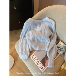 專櫃撤廻剪標奶藍色V領軟糯毛衣開衫女秋冬新款甜美修身針織外套