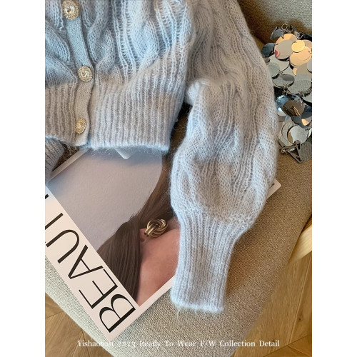 專櫃撤廻剪標奶藍色V領軟糯毛衣開衫女秋冬新款甜美修身針織外套