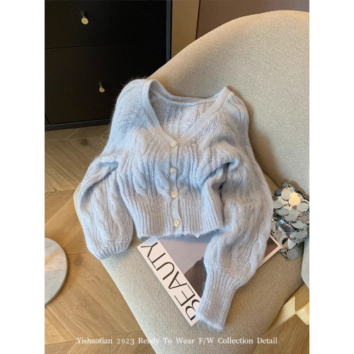 專櫃撤廻剪標奶藍色V領軟糯毛衣開衫女秋冬新款甜美修身針織外套