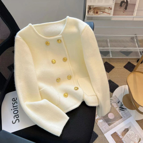 專櫃撤廻剪標小香風雙排釦毛衣開衫女秋冬名媛氛圍感短款針織外套