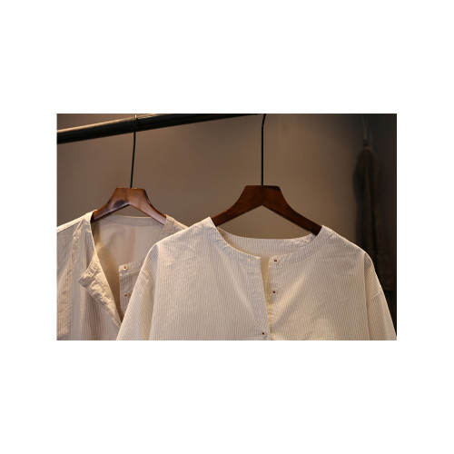 春季2026休閒條紋長袖襯衫女棉料寬鬆大碼百搭氣質圓領簡約上衣潮