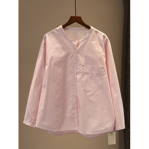 春季2026休閒條紋長袖襯衫女棉料寬鬆大碼百搭氣質圓領簡約上衣潮