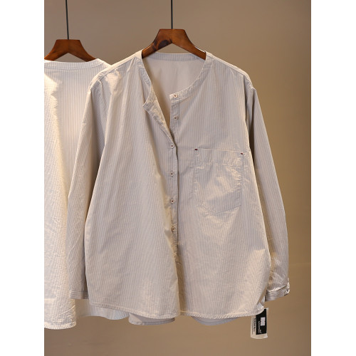 春季2026休閒條紋長袖襯衫女棉料寬鬆大碼百搭氣質圓領簡約上衣潮