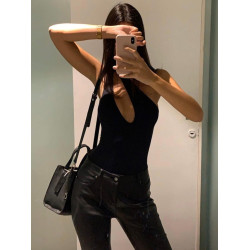 歐美辣妹風黑色鏤空連體衣2024新款斜肩性感修身上衣