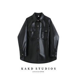 KAKD黑色皮衣外套女秋冬新款復古港風寬鬆氣質休閒薄款皮夾克上衣