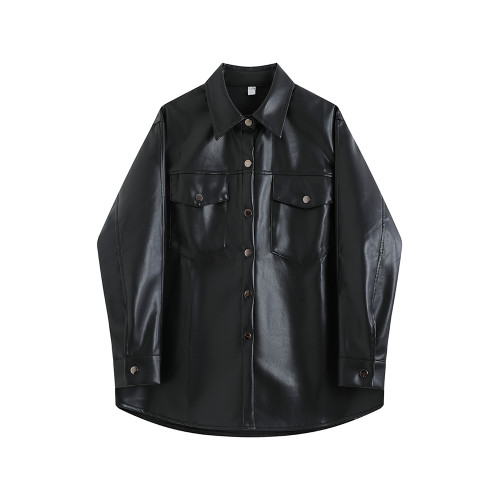 KAKD黑色皮衣外套女秋冬新款復古港風寬鬆氣質休閒薄款皮夾克上衣