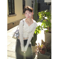 辣妹蕾絲拼接修身短款白色長袖POLO襯衫女春季高級感顯瘦條紋上衣