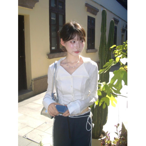 辣妹蕾絲拼接修身短款白色長袖POLO襯衫女春季高級感顯瘦條紋上衣