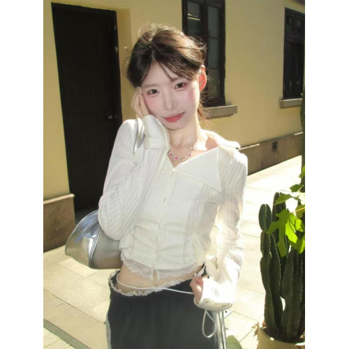 辣妹蕾絲拼接修身短款白色長袖POLO襯衫女春季高級感顯瘦條紋上衣