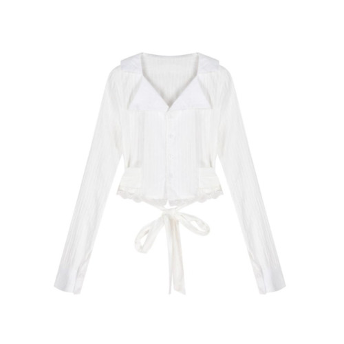 辣妹蕾絲拼接修身短款白色長袖POLO襯衫女春季高級感顯瘦條紋上衣