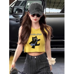 夏日多巴胺音樂節黃色針織海邊甜酷背心女夏外穿港風穿搭無袖上衣