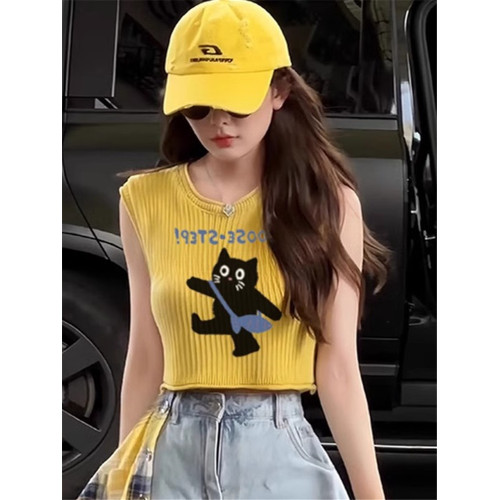 夏日多巴胺音樂節黃色針織海邊甜酷背心女夏外穿港風穿搭無袖上衣