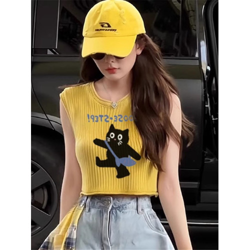 夏日多巴胺音樂節黃色針織海邊甜酷背心女夏外穿港風穿搭無袖上衣