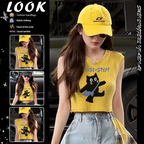 夏日多巴胺音樂節黃色針織海邊甜酷背心女夏外穿港風穿搭無袖上衣