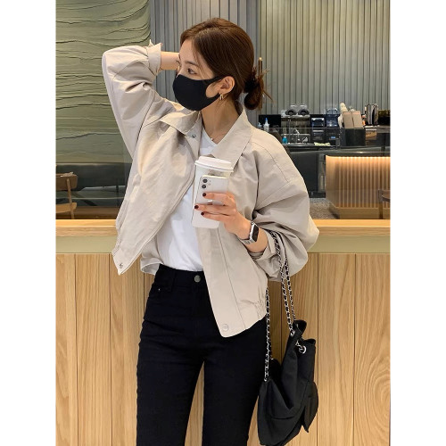 高級感氣質純色短外套女韓版簡約休閒百搭夾克工裝上衣春秋新款