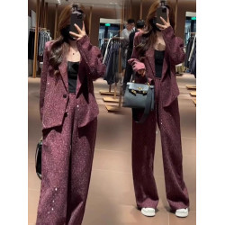 爆款推薦~時尚套裝女2025春秋新款星空亮鑽西裝外套濶腿褲兩件套