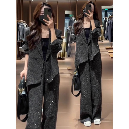 爆款推薦~時尚套裝女2026春秋新款星空亮鑽西裝外套濶腿褲兩件套