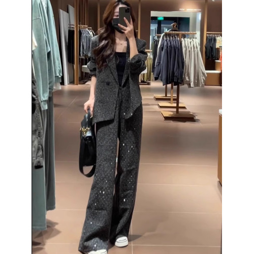 爆款推薦~時尚套裝女2025春秋新款星空亮鑽西裝外套濶腿褲兩件套