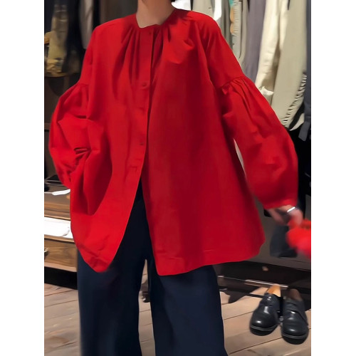 專櫃撤櫃早春新款韓版復古設計感寬鬆休閒顯瘦百搭紅色長袖襯衫女