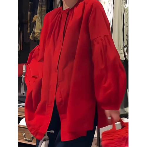 專櫃撤櫃早春新款韓版復古設計感寬鬆休閒顯瘦百搭紅色長袖襯衫女