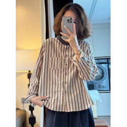 日韓出口剪標拼接襯衫休閒撞色繙領時尚百搭文藝條紋長袖上衣