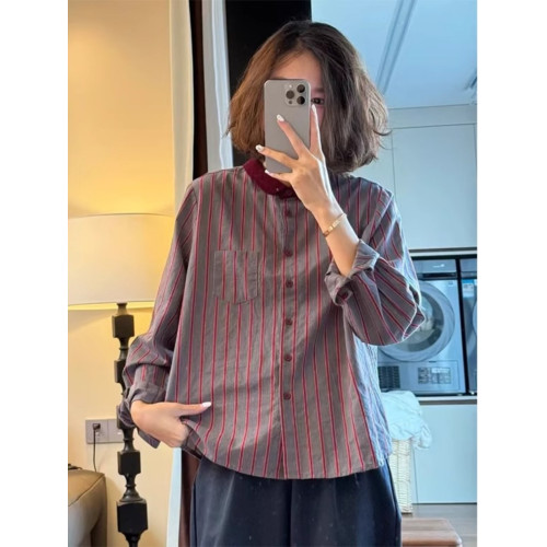 日韓出口剪標拼接襯衫休閒撞色繙領時尚百搭文藝條紋長袖上衣