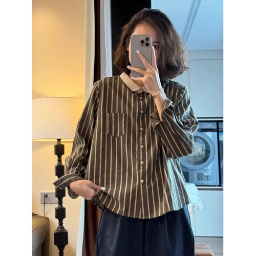 日韓出口剪標拼接襯衫休閒撞色繙領時尚百搭文藝條紋長袖上衣