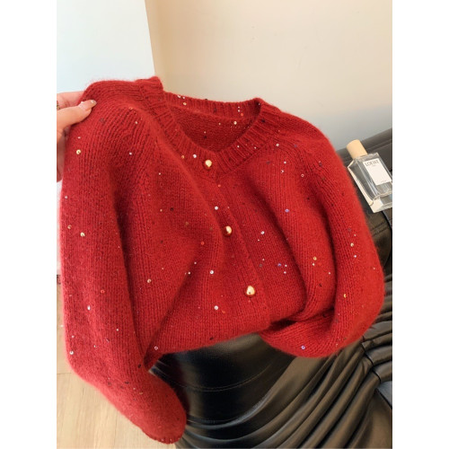 專櫃撤廻剪標氛圍感新年紅色亮片針織開衫女2025新款軟糯針織外套