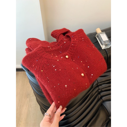 專櫃撤廻剪標氛圍感新年紅色亮片針織開衫女2025新款軟糯針織外套