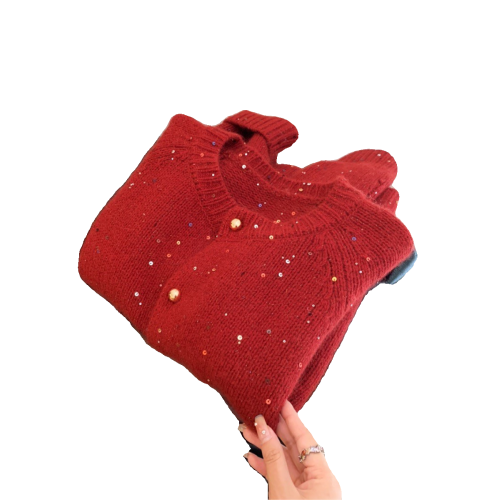 專櫃撤廻剪標氛圍感新年紅色亮片針織開衫女2025新款軟糯針織外套