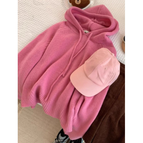 廣州十三行粉色連帽浣熊絨套頭毛衣秋冬軟糯甜美慵懶風羊毛針織衫