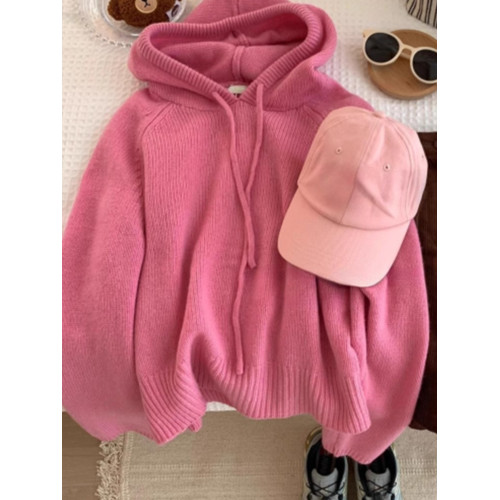 廣州十三行粉色連帽浣熊絨套頭毛衣秋冬軟糯甜美慵懶風羊毛針織衫